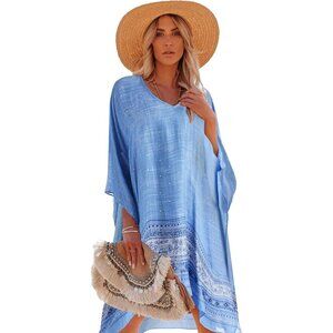 Women's 1 Blue 100% Viscose Kaftan for Bathing Swimsuit Floral Pattern  Dress